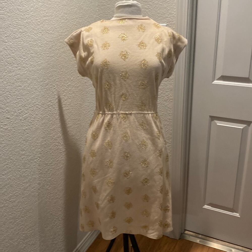 R & K Originals Vintage Short Cap Sleeve Midi Dress Tan & Gold Threaded Sz Small - Picture 1 of 11